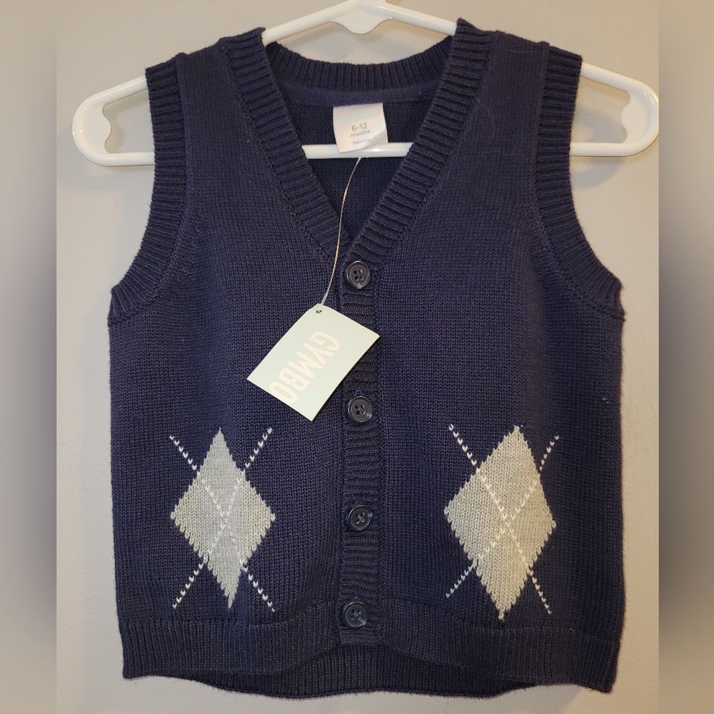 🆕️ Gymboree Navy Blue Gray Argyle Knit Button Front Vest Baby Boys 6-12 Months
